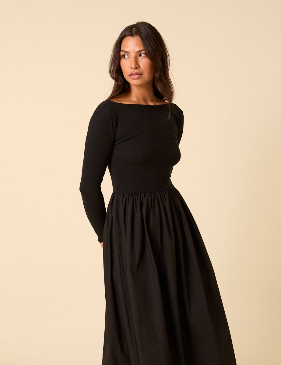 Black Long Sleeve A-Line Penni Midi Dress