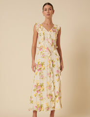 White Floral Frill Viola Midi Dress