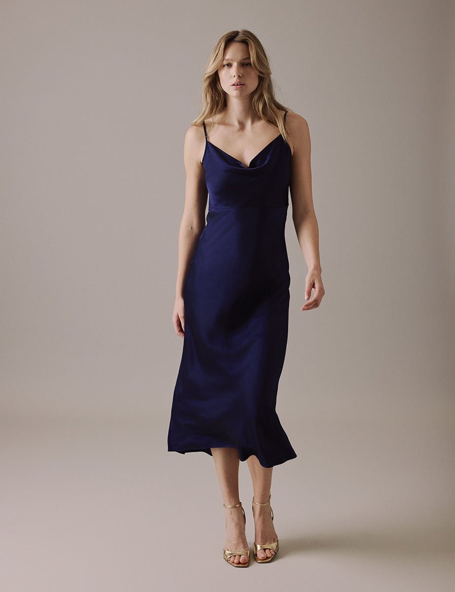 Navy Cowl Neck Midi Trixie Dress