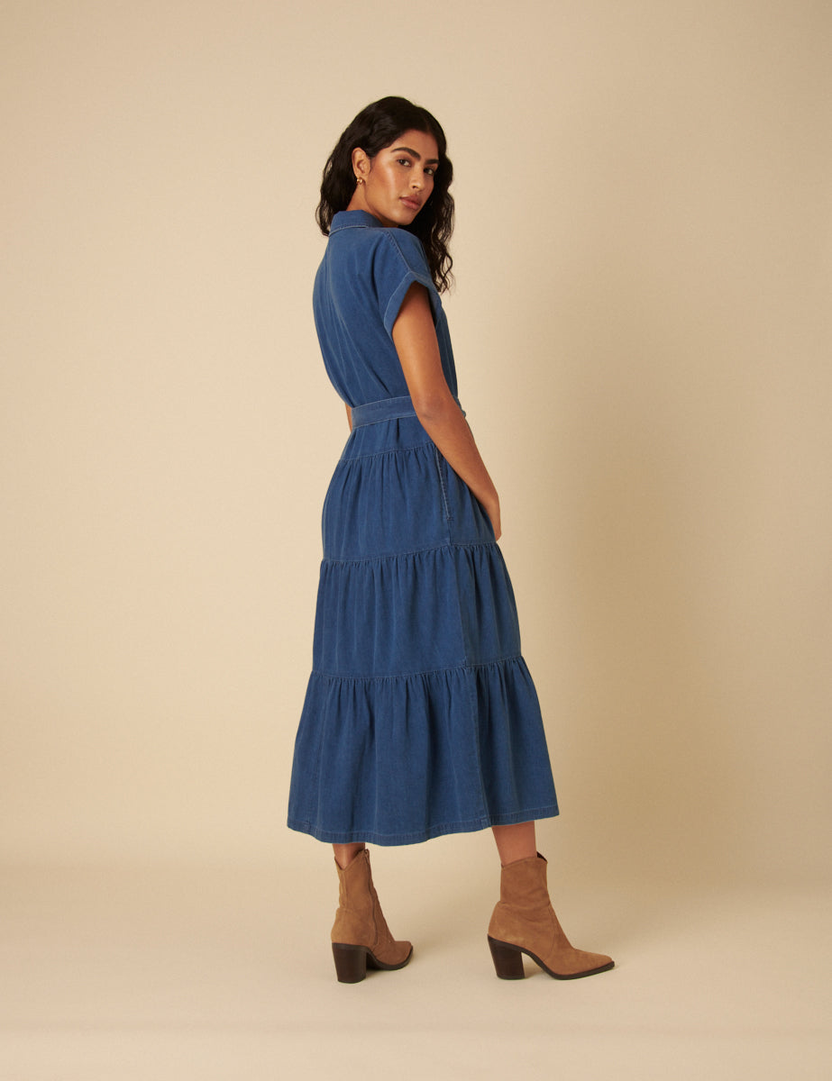 Blue Denim Ester Tiered Shirt Dress