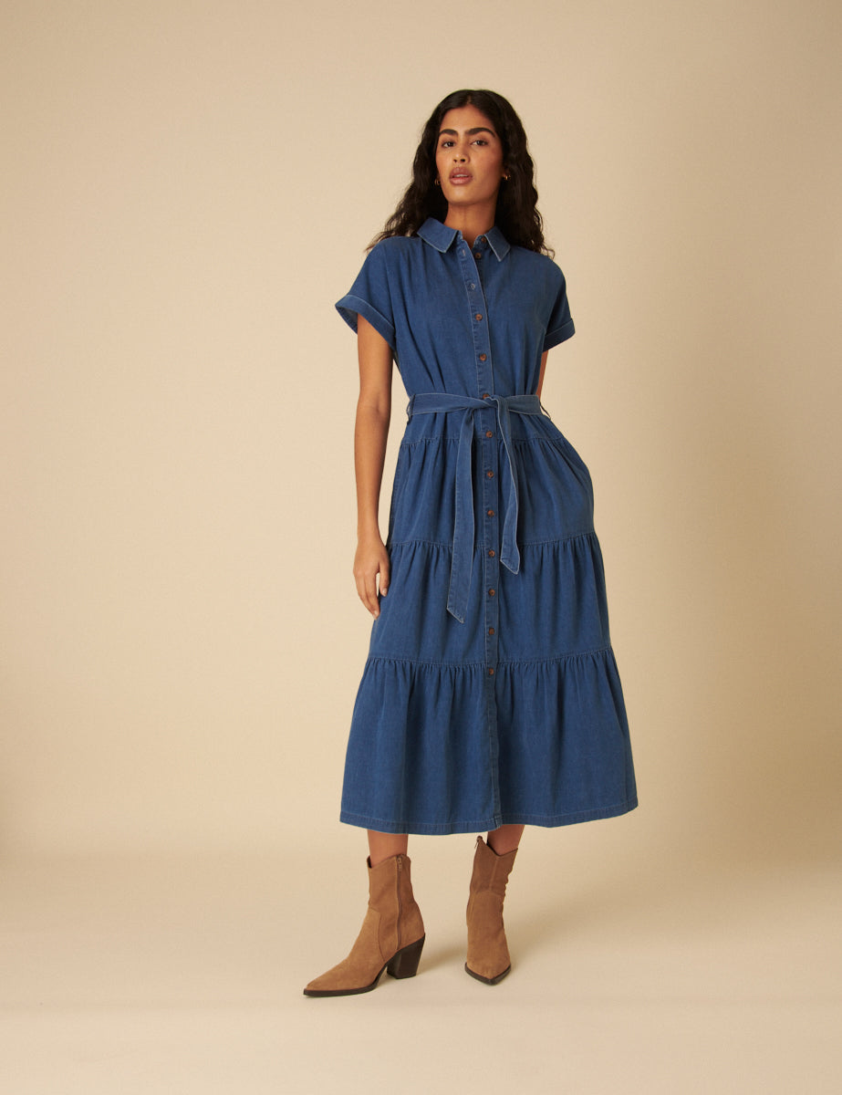 Blue Denim Ester Tiered Shirt Dress