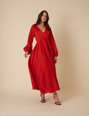 Red Balloon Sleeve Ace Maxi Dress