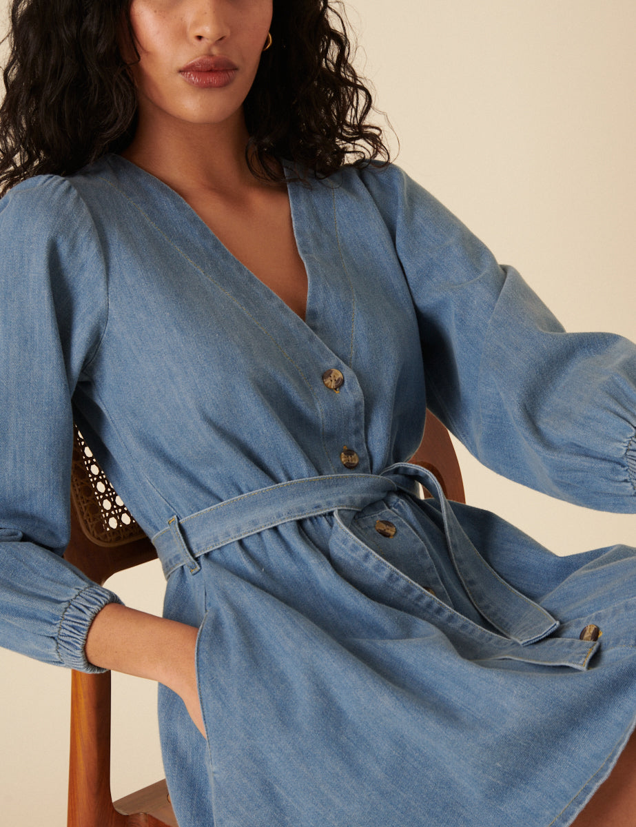 Light Blue Denim Tie Waist Nolan Mini Dress