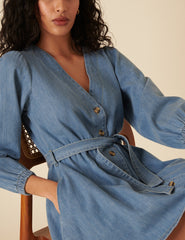 Light Blue Denim Tie Waist Nolan Mini Dress