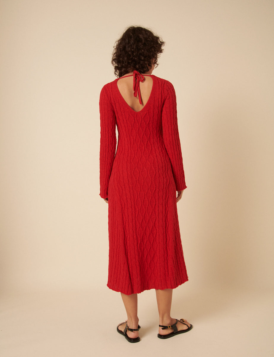 Red Cable Knit A-Line Knitted Dress