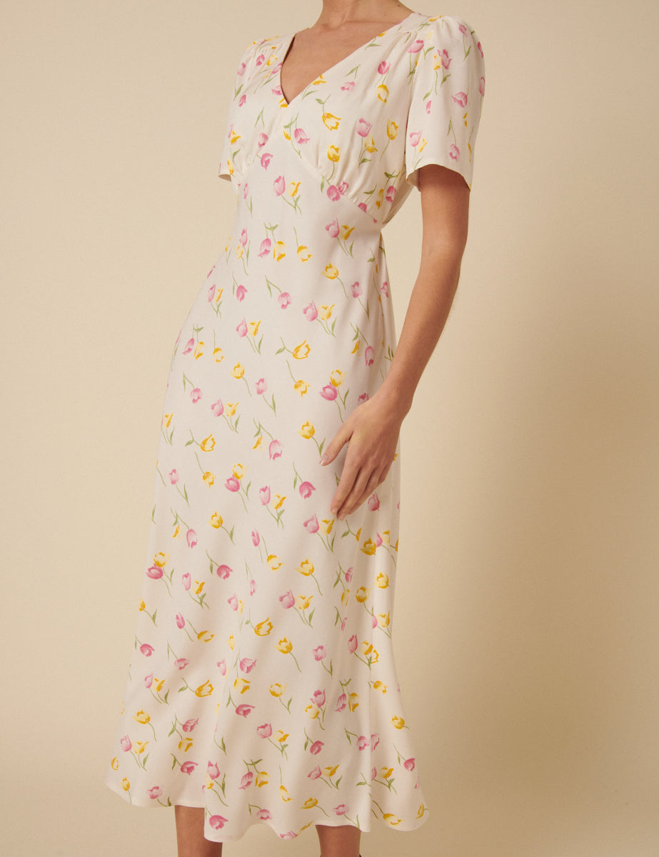 Cream Floral Printed Flora Midi Dress