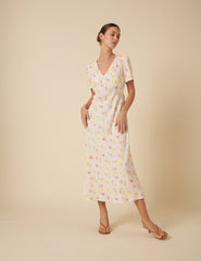 Cream Floral Printed Flora Midi Dress