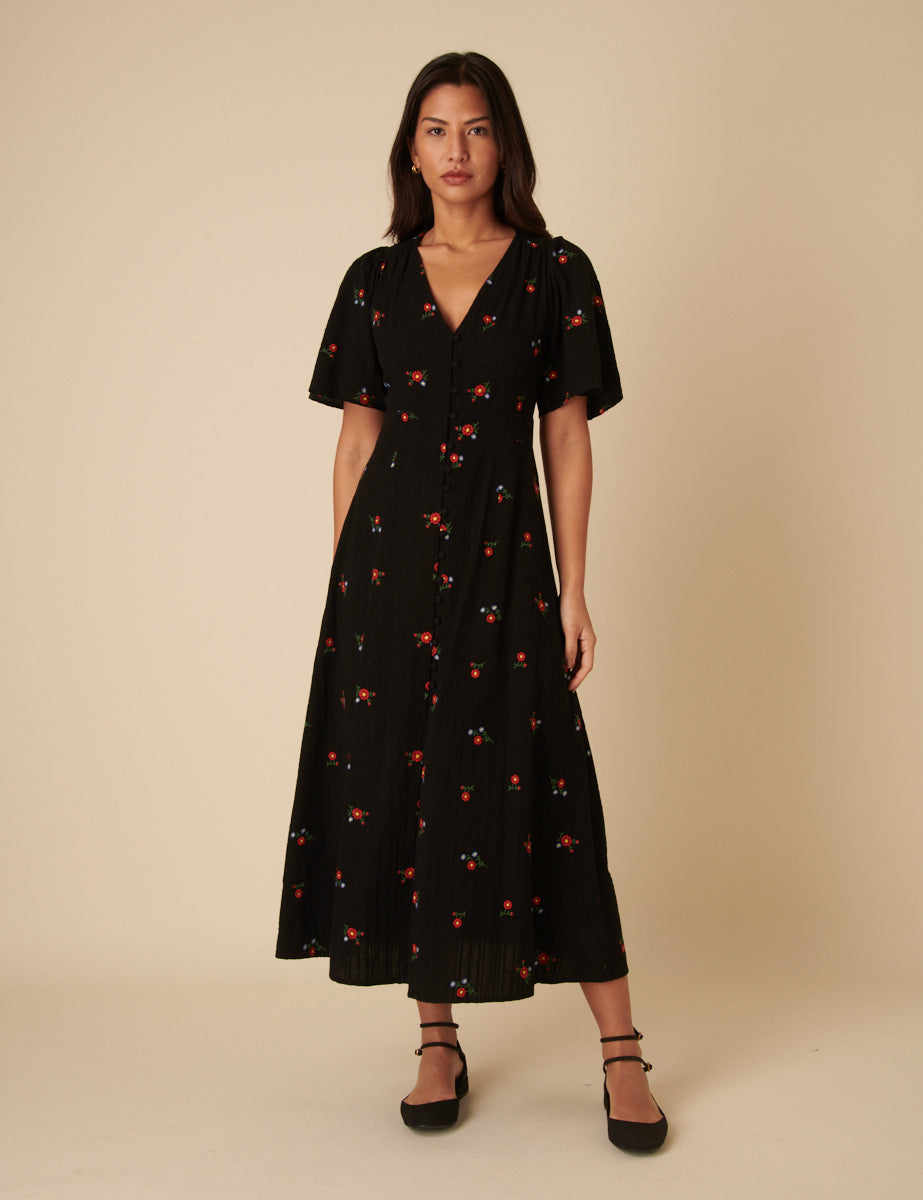 Black Floral Embroidered Andie Midi Dress