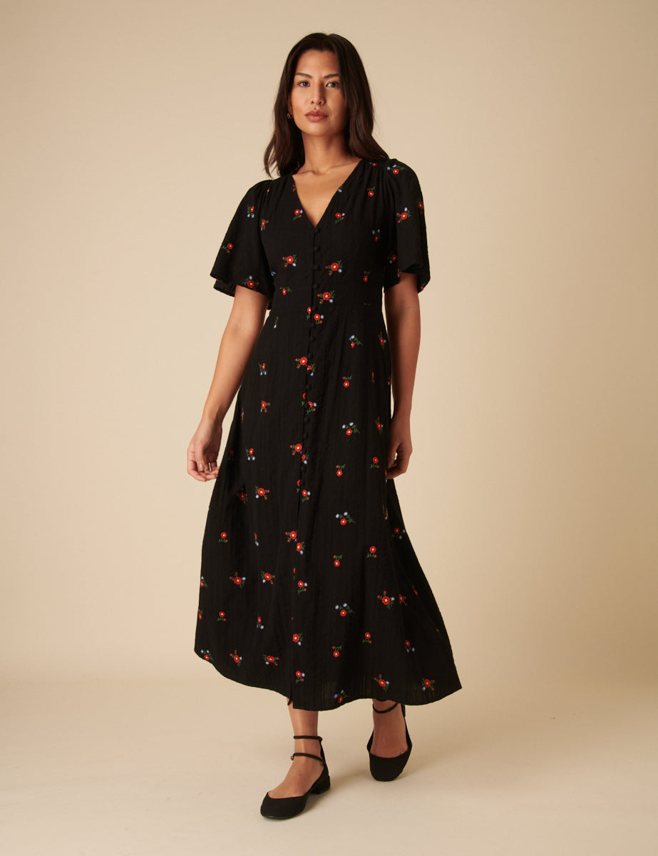 Black Floral Embroidered Andie Midi Dress
