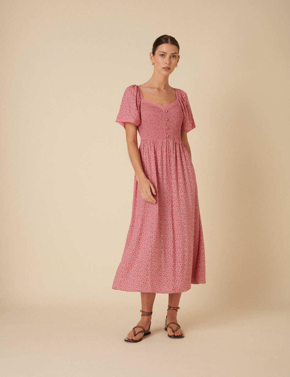 Pink Floral Ruched Mia Midi Dress