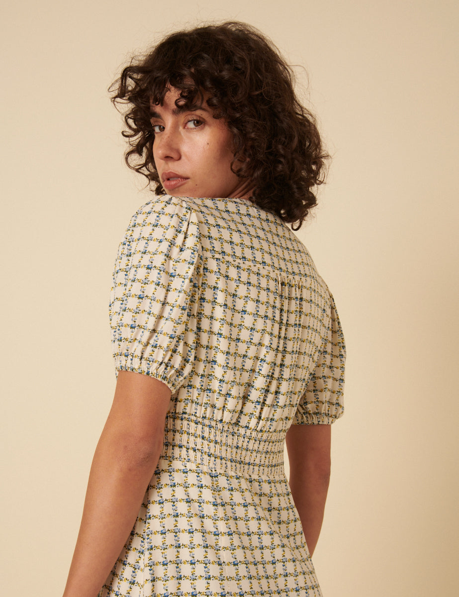 White Floral Check Lucinda Midi Dress