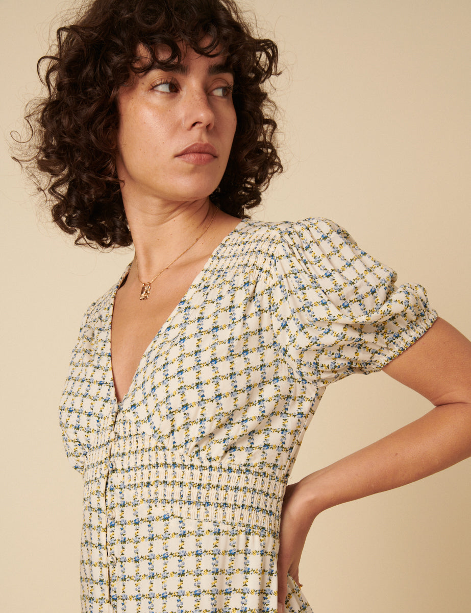 White Floral Check Lucinda Midi Dress