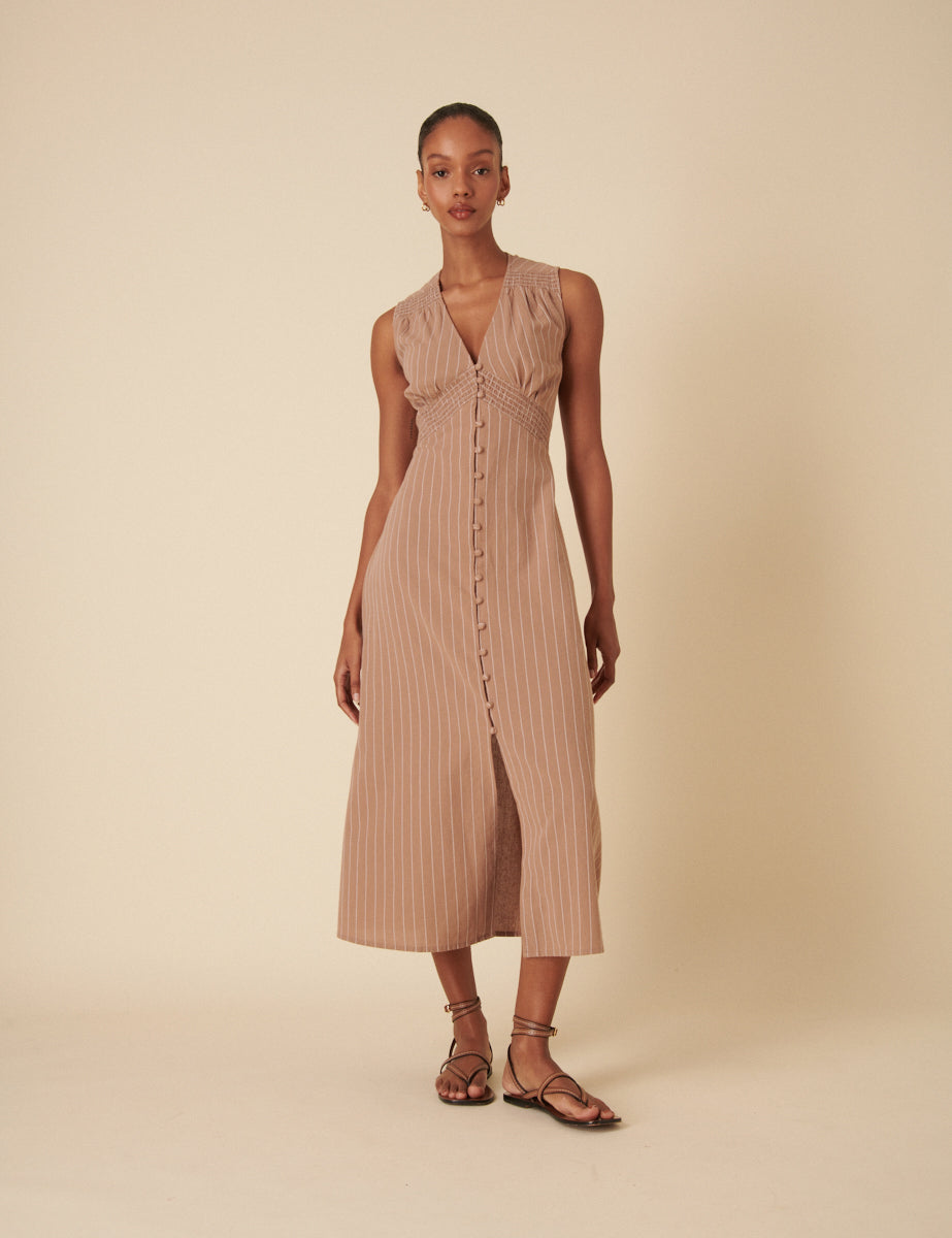 Stone Pinstripe Sleeveless Lucinda Midi Dress