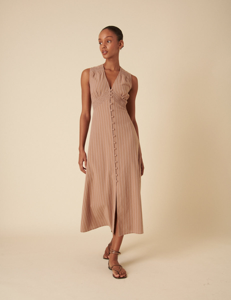 Stone Pinstripe Sleeveless Lucinda Midi Dress