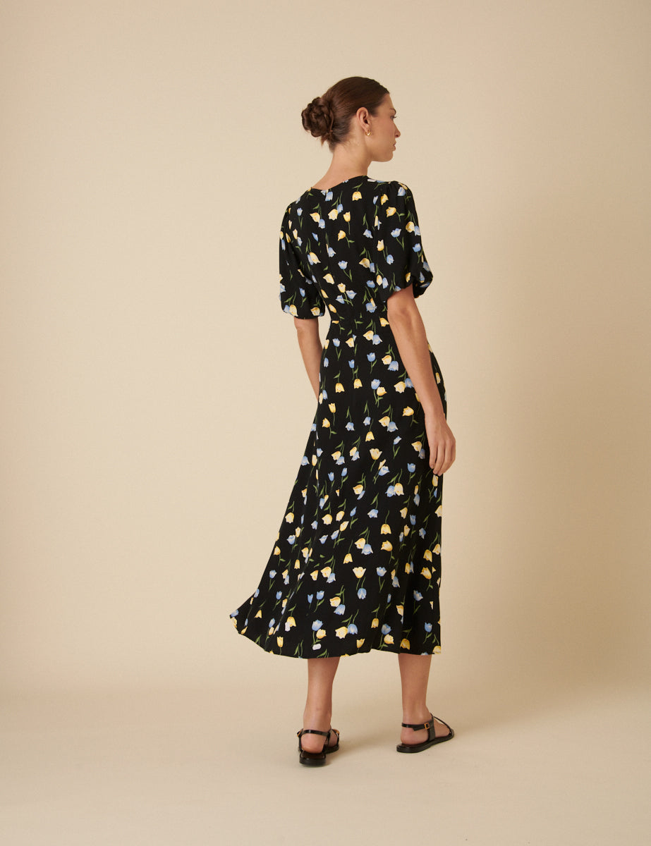 Black Floral Benita Midi Dress
