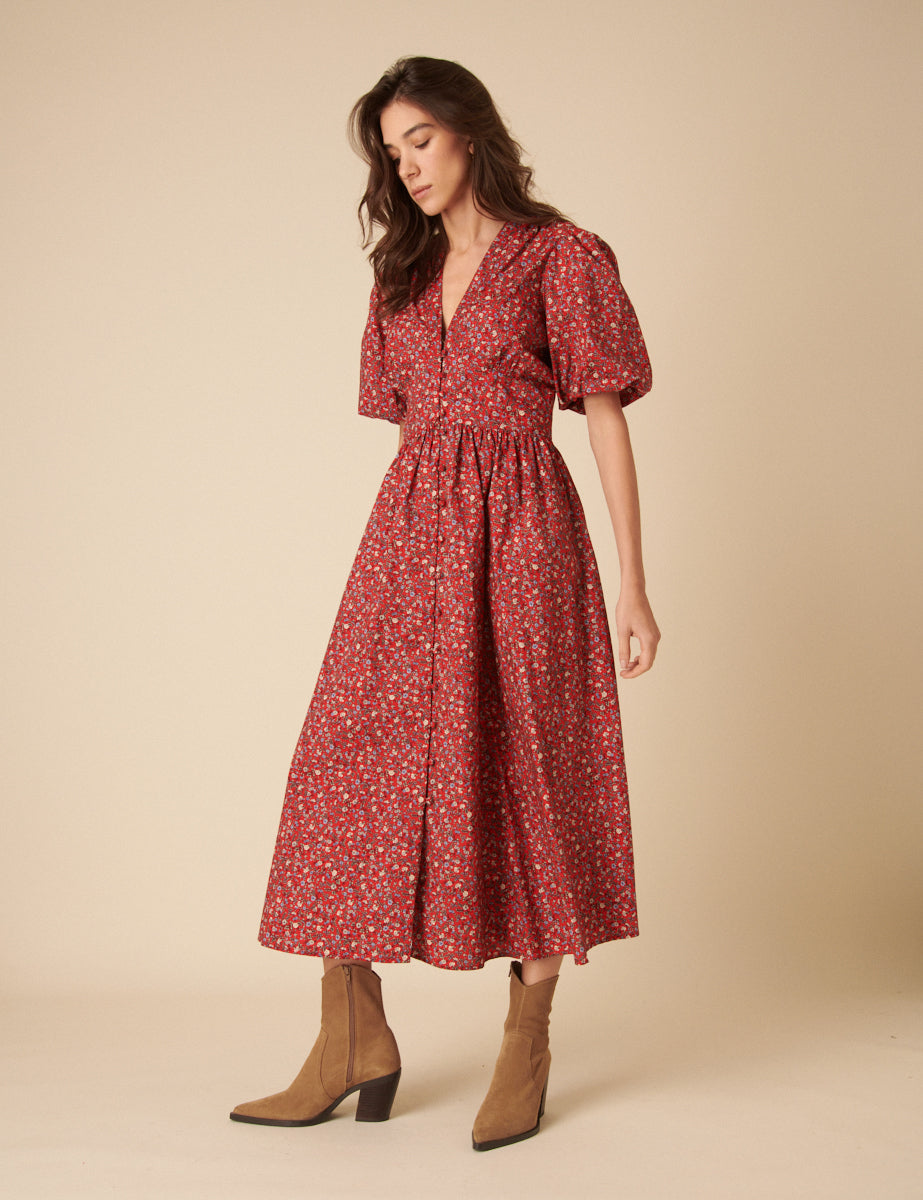 Red Ditsy Floral Starlight Midi Dress