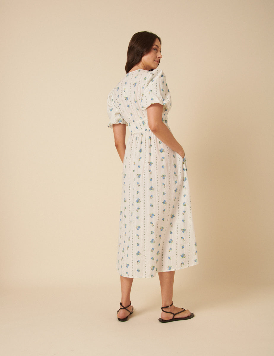 White Floral Printed Scottie Midi Dress