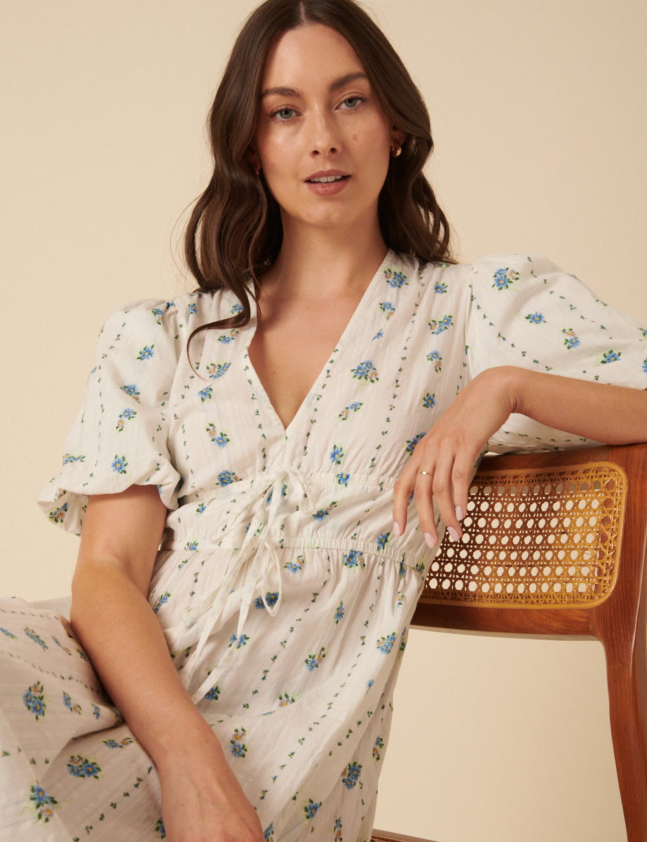 White Floral Printed Scottie Midi Dress