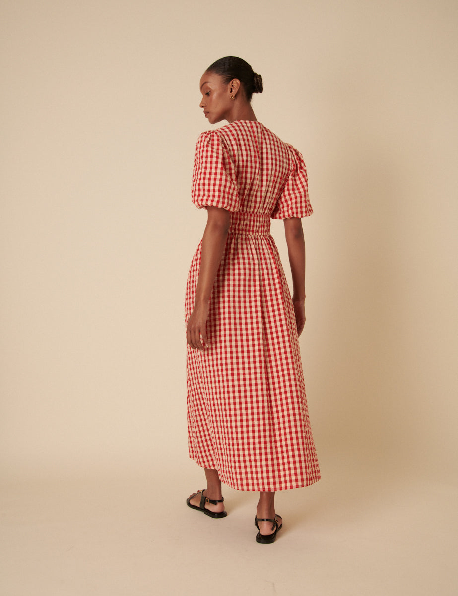 Red Gingham Scottie Midi Dress