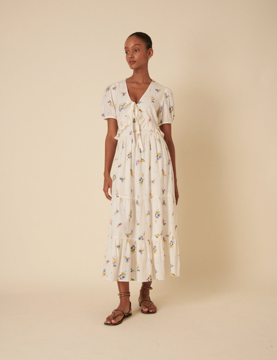White Ditsy Floral Tiered Katie Midi Dess