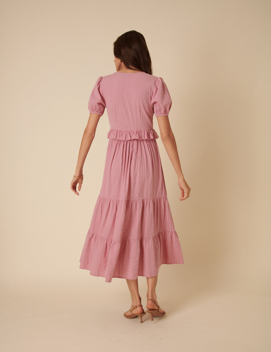 Pink Ruffle Tiered Katie Midi Dress