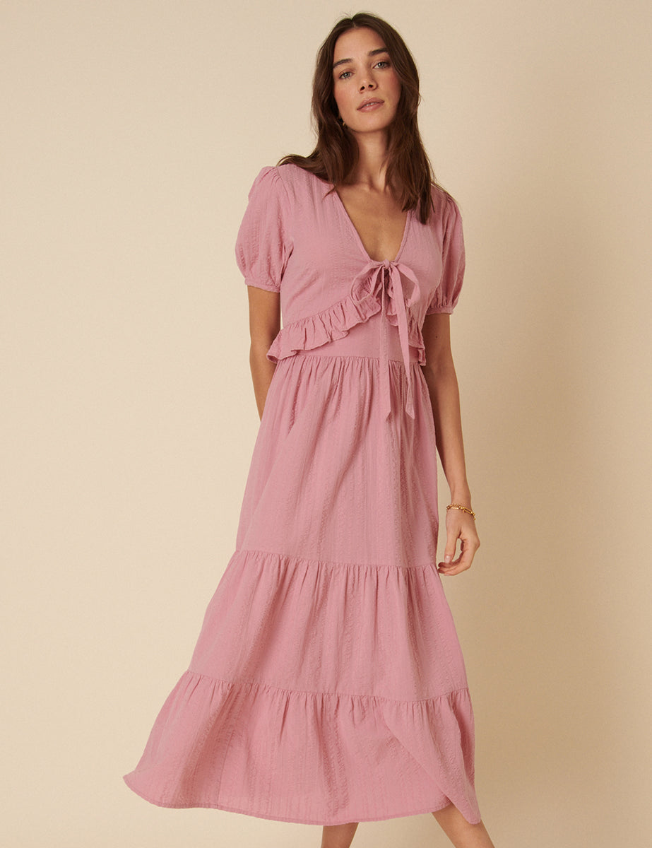 Pink Ruffle Tiered Katie Midi Dress