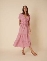 Pink Ruffle Tiered Katie Midi Dress