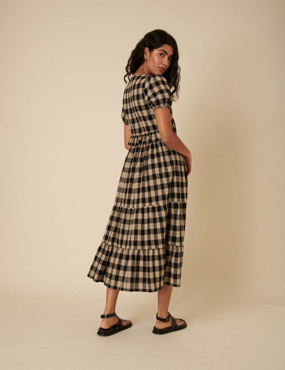 Black Check Short Sleeve Katie Midi Dress