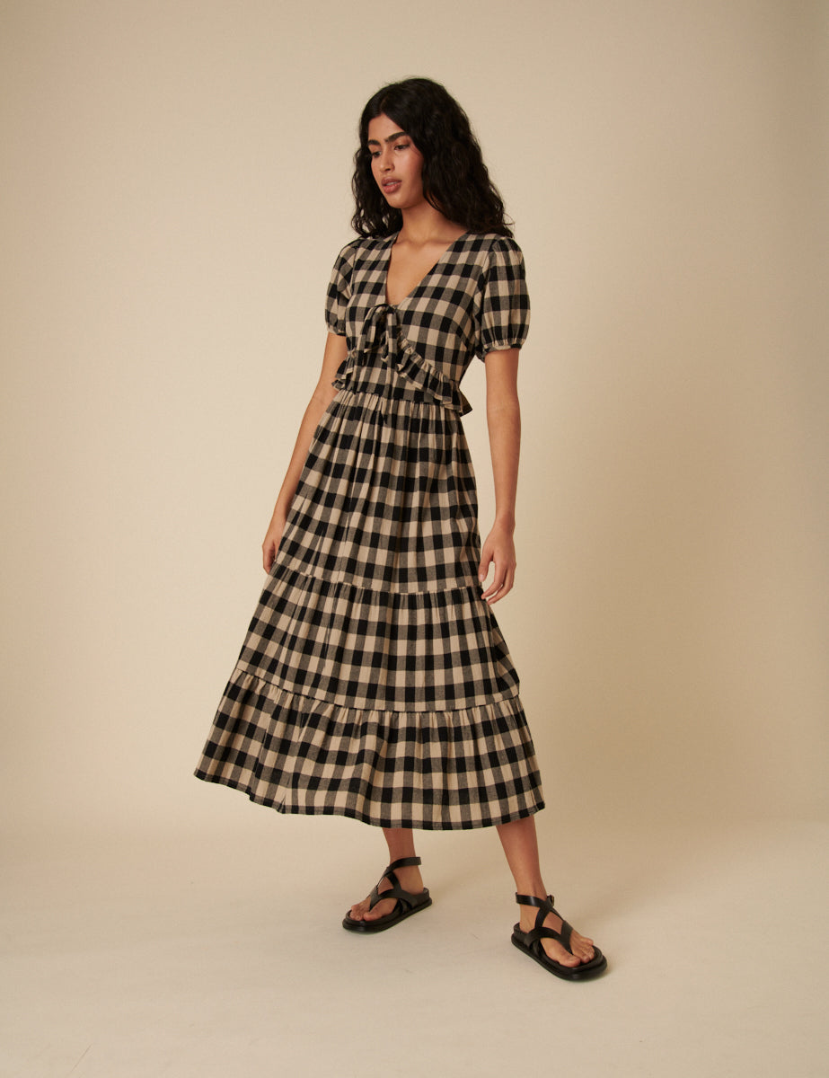 Black Check Short Sleeve Katie Midi Dress
