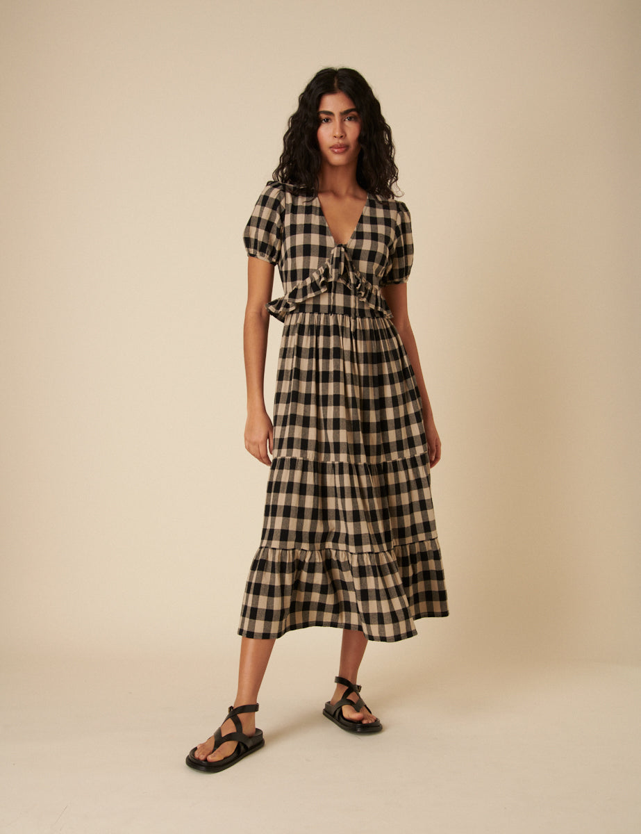 Black Check Short Sleeve Katie Midi Dress