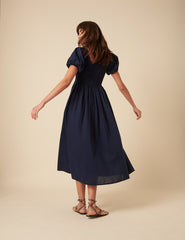Navy Puff Sleeve Shirred Tasmin Midi Dress