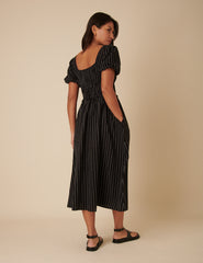 Black Pinstripe Puff Sleeve Aggie Midi Dress