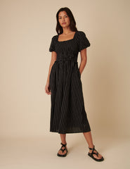 Black Pinstripe Puff Sleeve Aggie Midi Dress