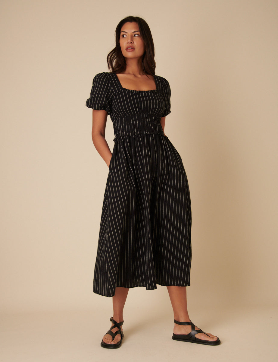 Black Pinstripe Puff Sleeve Aggie Midi Dress