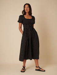 Black Pinstripe Puff Sleeve Aggie Midi Dress