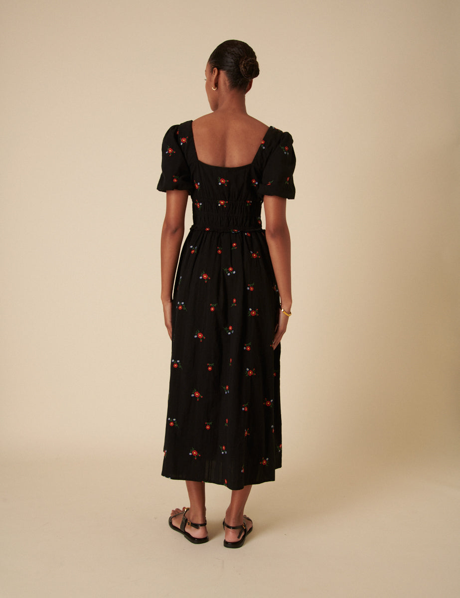 Black Floral Embroidered Puff Sleeve Aggie Midi Dress