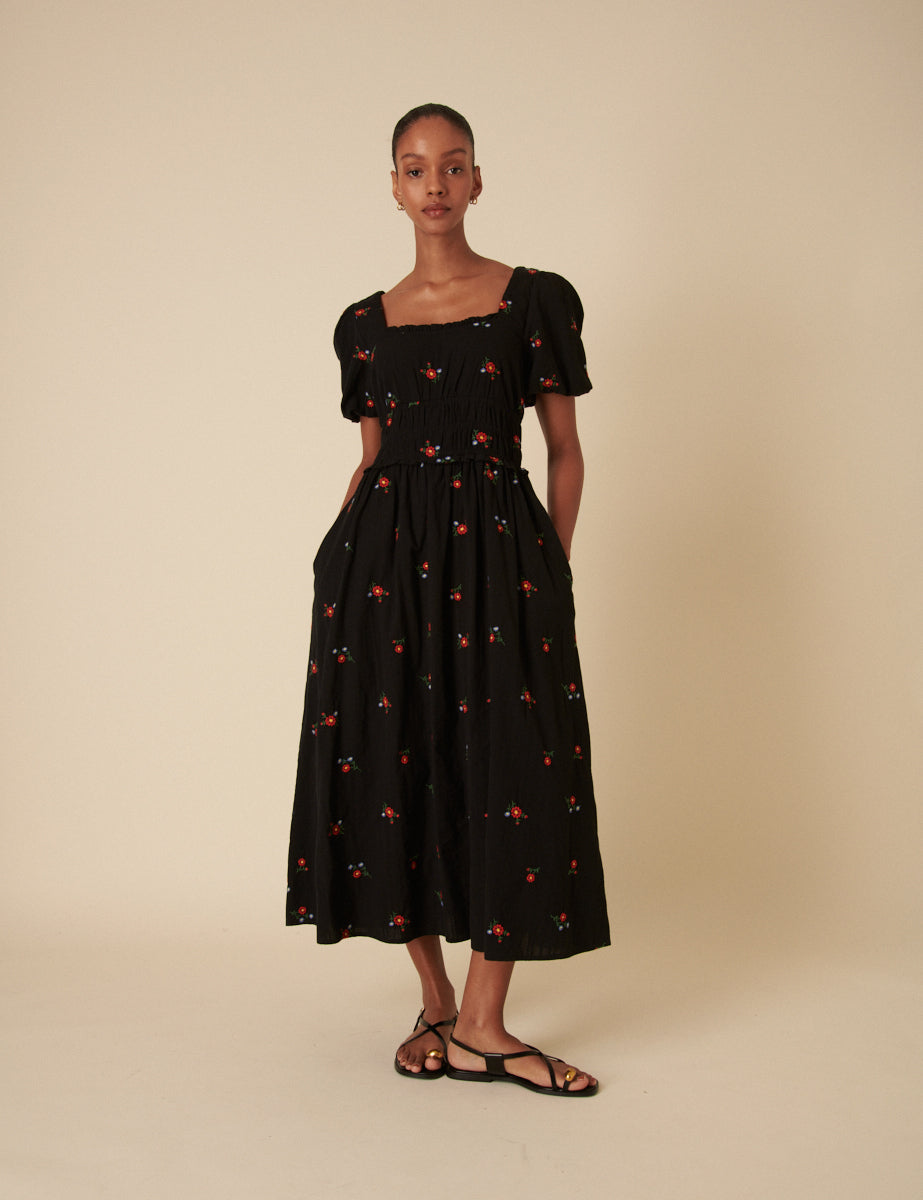 Black Floral Embroidered Puff Sleeve Aggie Midi Dress