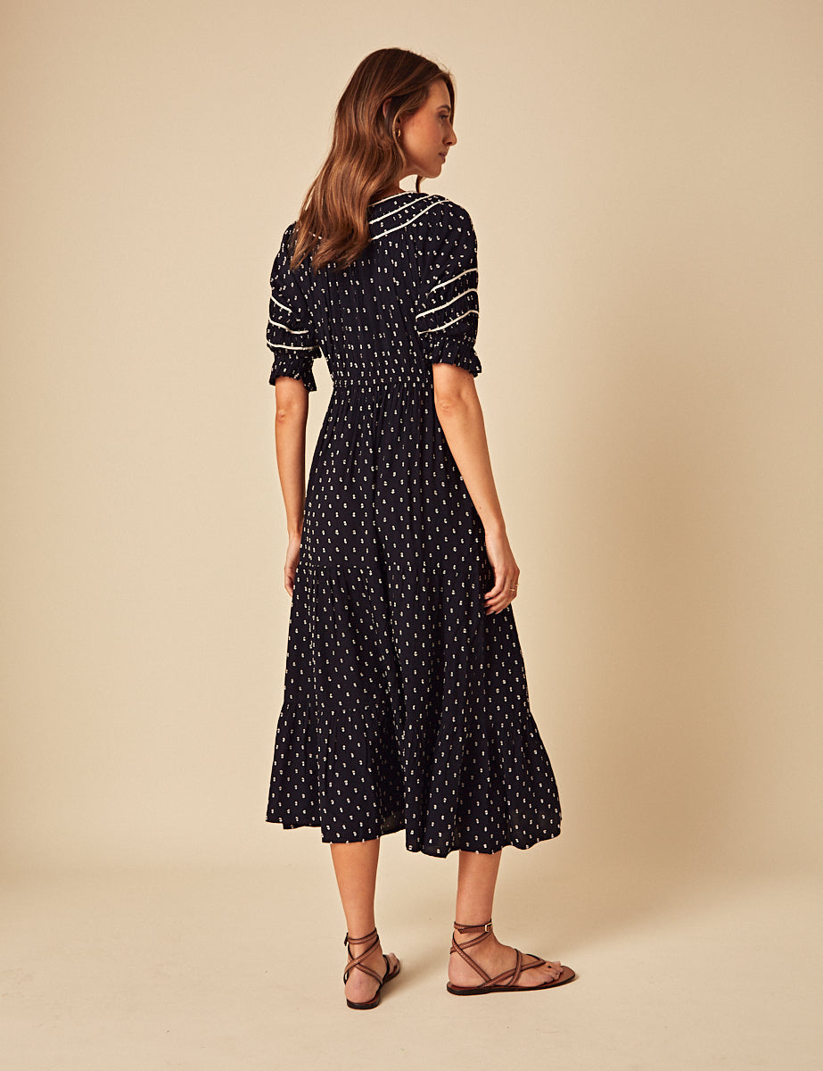 Navy Printed Peyton Midi Dress