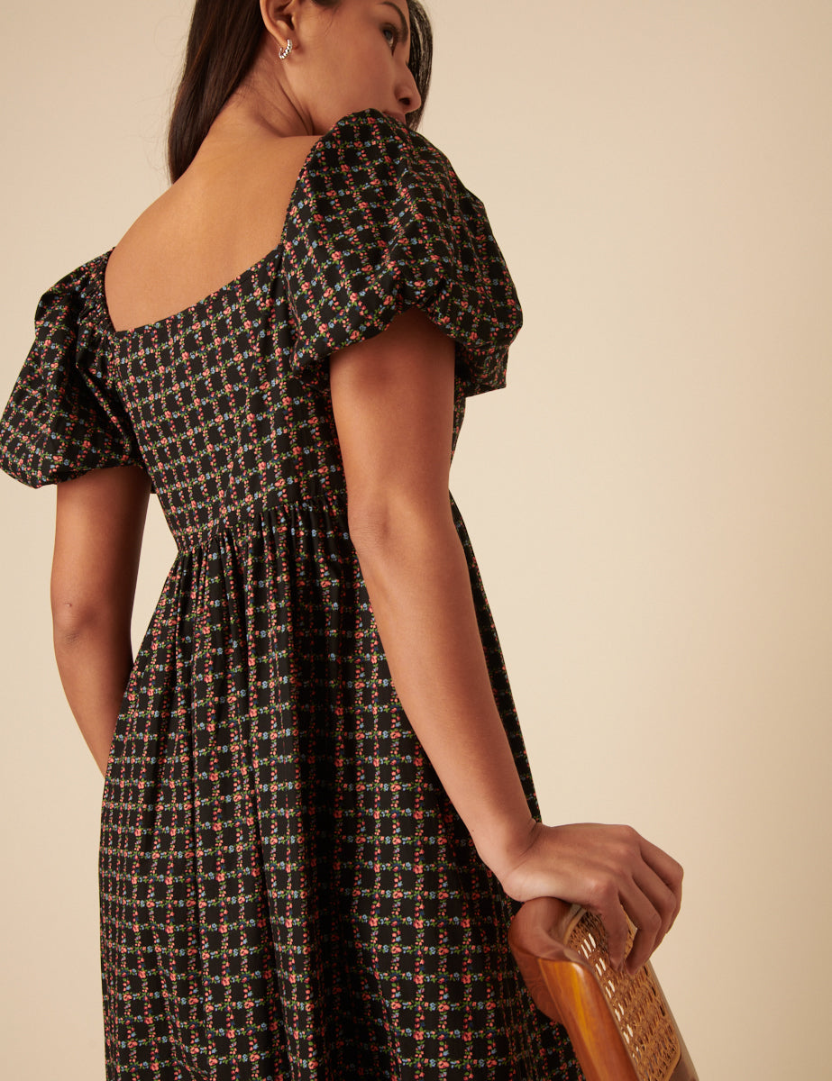 Black Floral Check Joanna Midi Dress