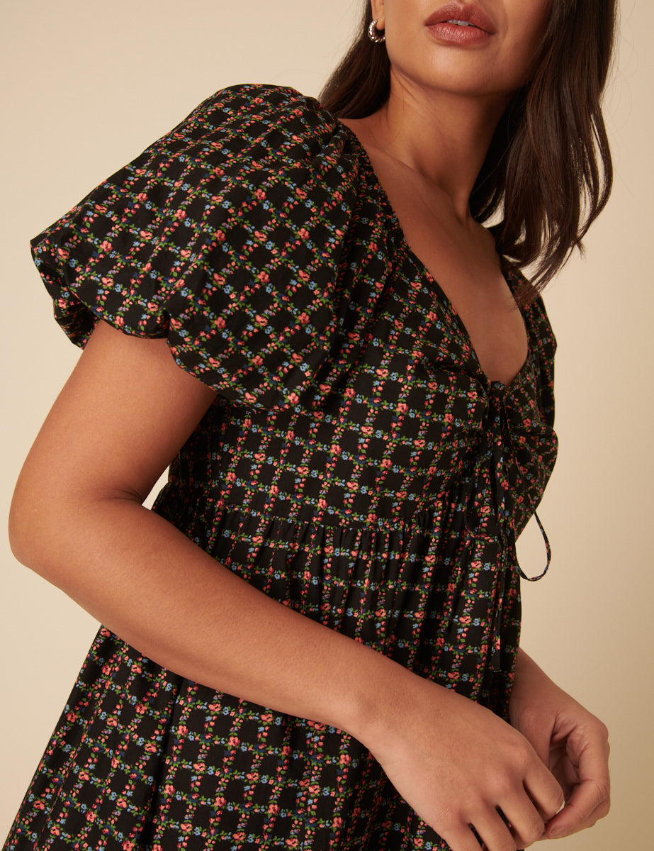 Black Floral Check Joanna Midi Dress