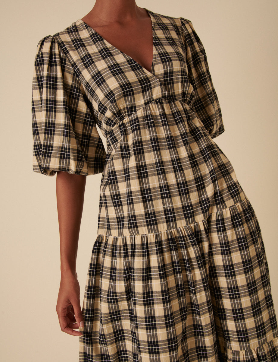 Black And Beige Check Puff Sleeve Tiered Roselena Midi Dress