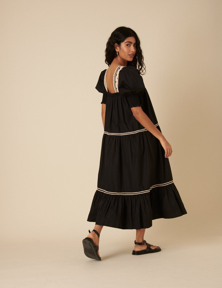 Black Crochet Tiered Karla Midi Dress