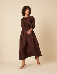 Brown Balloon Sleeve Agatha Midi Dress