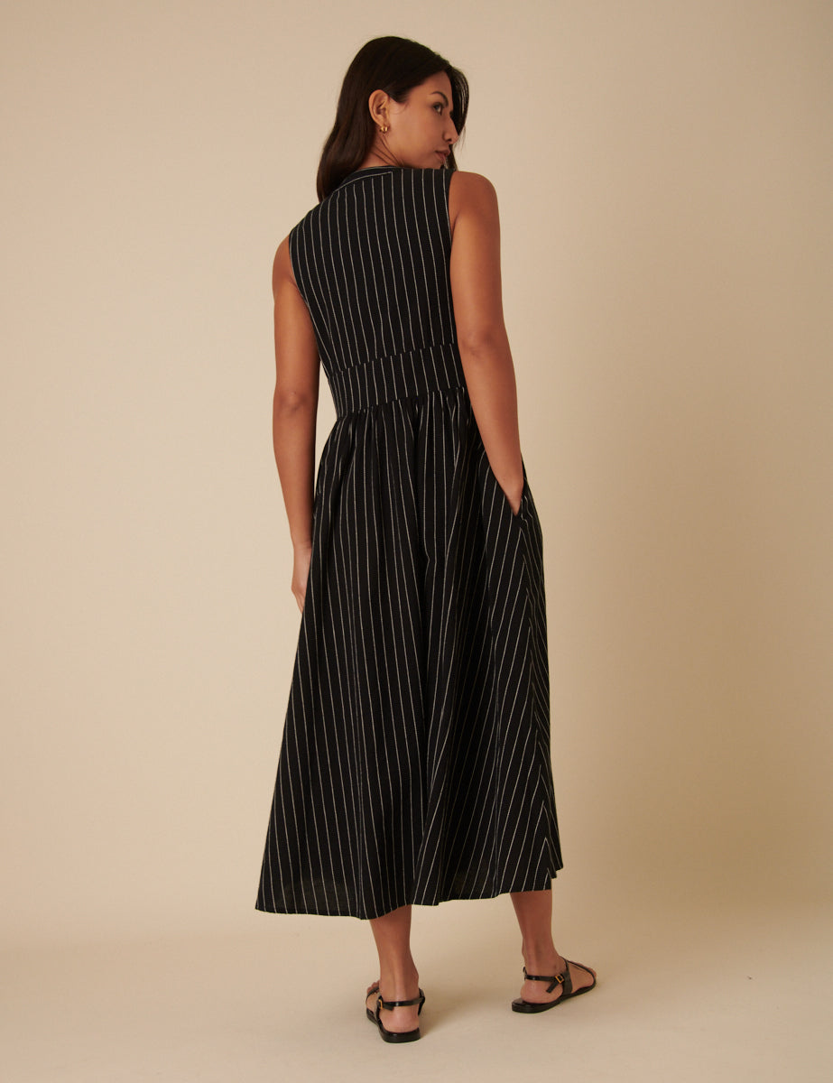 Black Pinstripe Sleeveless Starlight Midi Dress