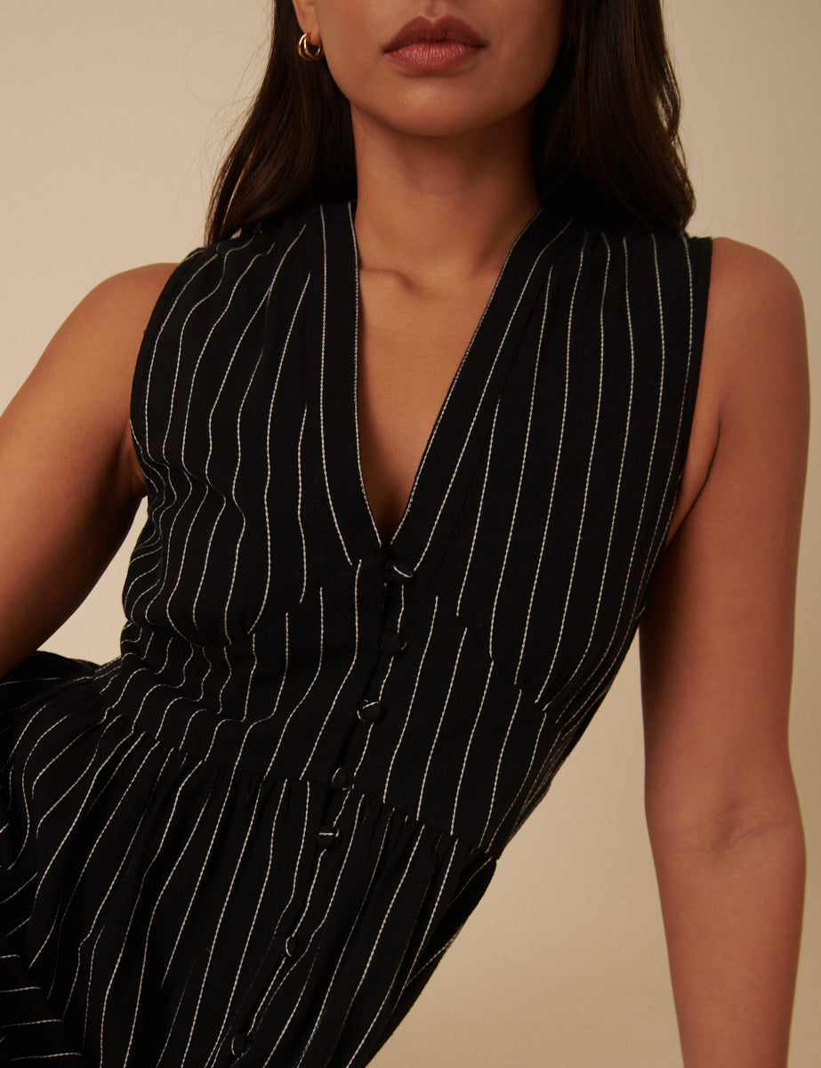 Black Pinstripe Sleeveless Starlight Midi Dress