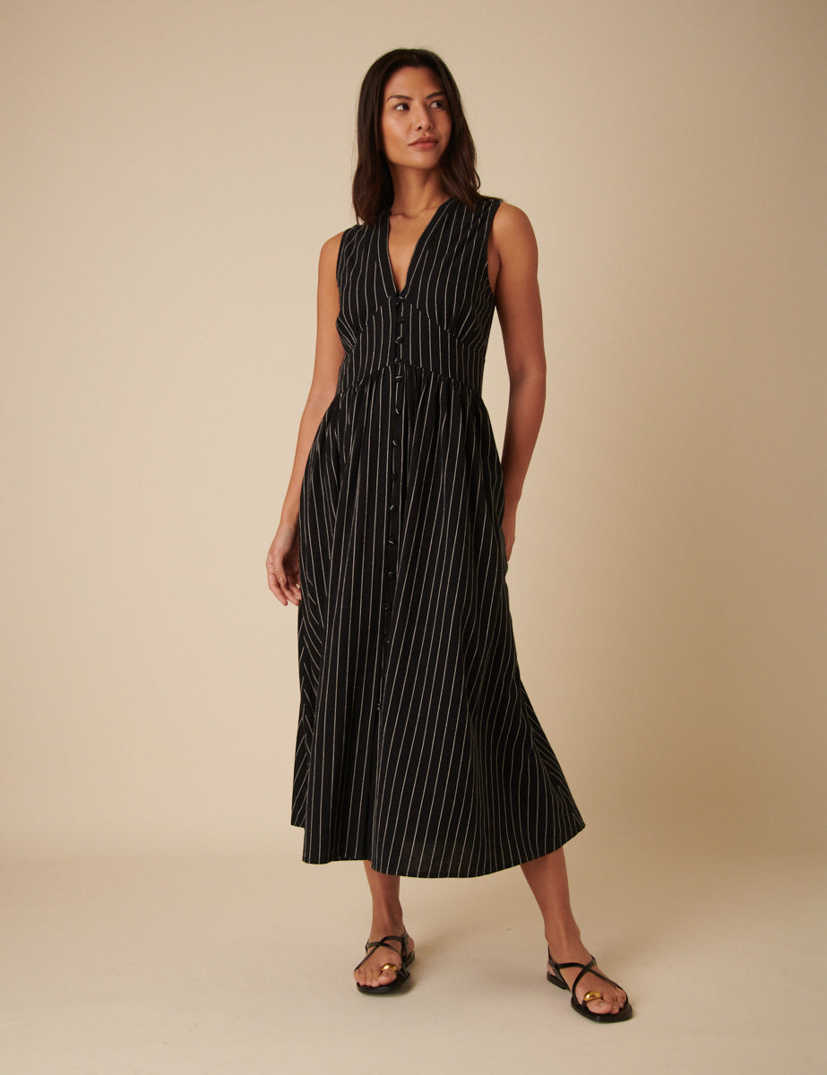 Black Pinstripe Sleeveless Starlight Midi Dress