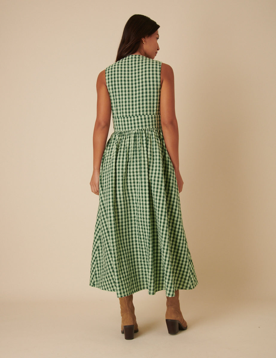 Green Gingham Sleeveless Starlight Midi Dress