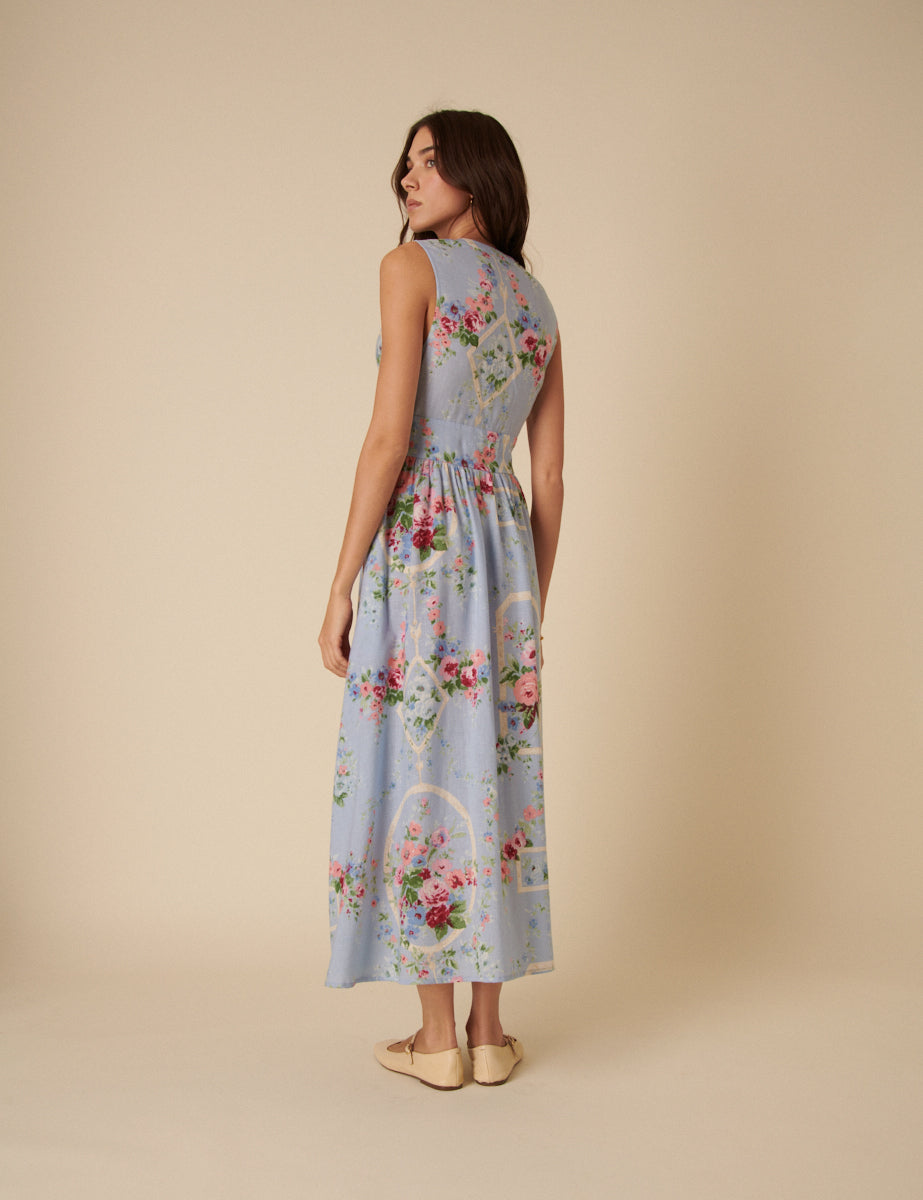 Blue Floral Sleeveless Starlight Midi Dress