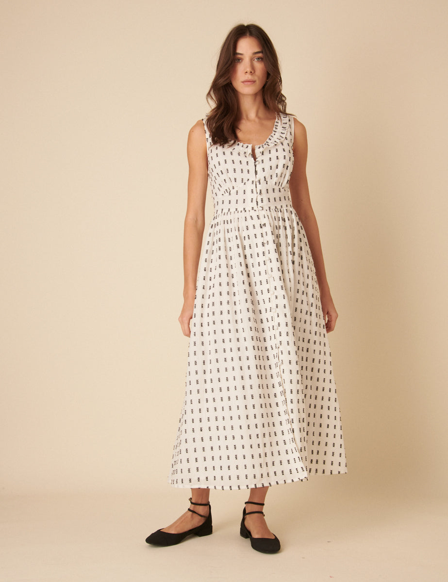 White Printed Sleeveless Flossie Midi Dress