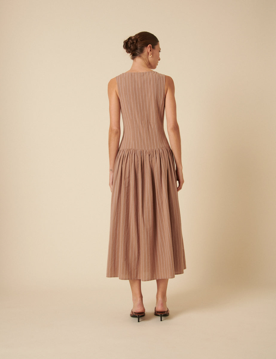 Stone Pinstripe Drop Waist Claudia Midi Dress